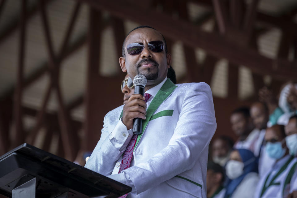 FILE - In this Wednesday, June 16, 2021 file photo, Ethiopia's Prime Minister Abiy Ahmed speaks at a final campaign rally at a stadium in the town of Jimma in the southwestern Oromia Region of Ethiopia. Ethiopia's ruling Prosperity Party was declared on Saturday, July 10, 2021 the winner of last month's national election in a landslide, assuring a second term for Prime Minister Abiy Ahmed. (AP Photo/Mulugeta Ayene, File)