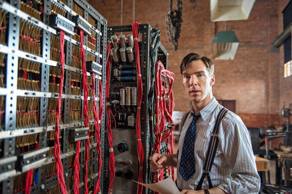 A still from the movie The Imitation Game, where Benedict Cumberbatch plays British mathematician, Alan Turing. Alan (Benedict) is seen in front of the cryptography machine.