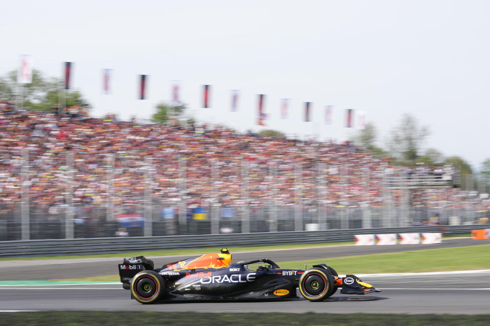 Red Bull driver Sergio Perez of Mexico steers his car during the Formula One Italian Grand Prix auto race, at the Monza racetrack, in Monza, Italy, Sunday, Sept. 3, 2023. (AP Photo/Luca Bruno)