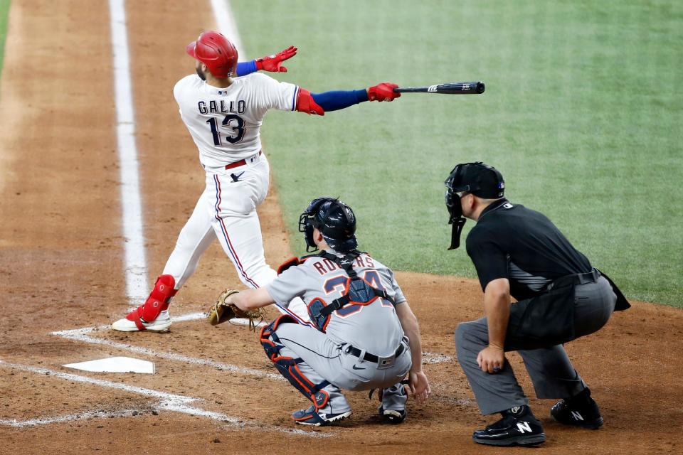 Texas Rangers right fielder Joey Gallo (13) hits a home run in the second inning against the Detroit Tigers at Globe Life Field. Wednesday, July 7, 2021.