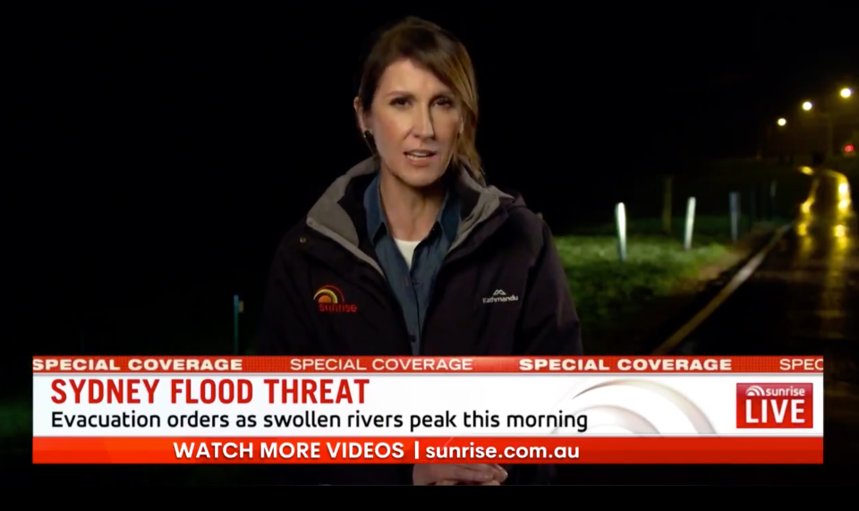 Sunrise co-host Natalie Barr reporting live from the flood disaster in Western Sydney