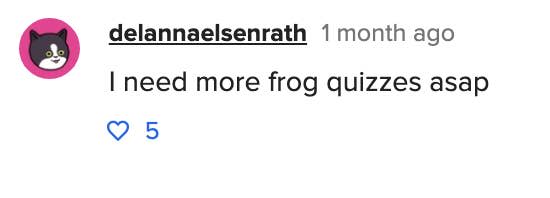 BuzzFeed user delannaelsenrath comments "I need more frog quizzes asap"