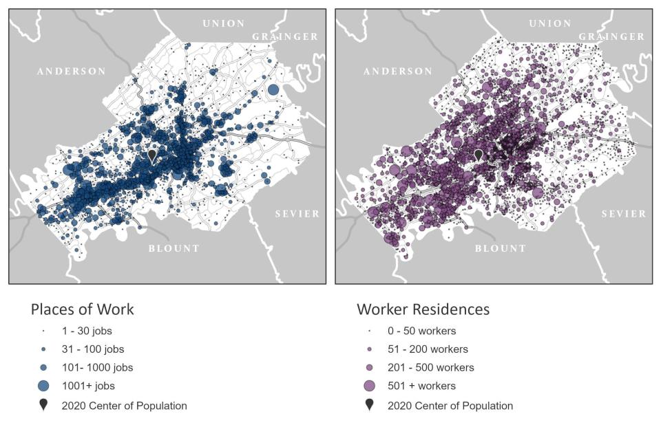 Maps showing where places of work and worker residencies are clustered.