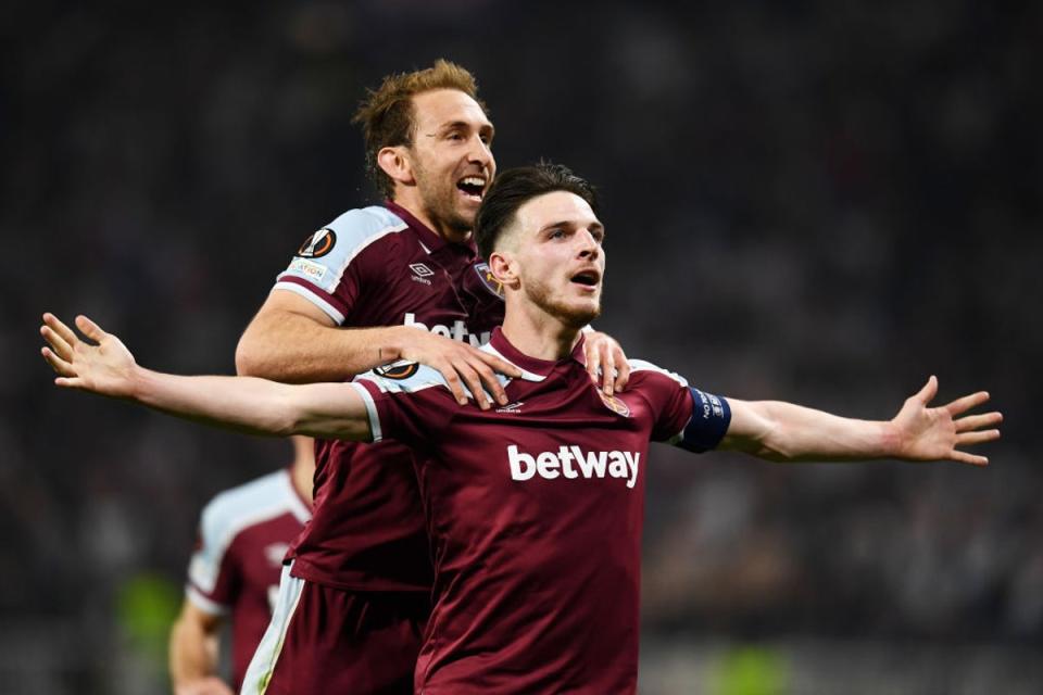 Rice led West Ham to the Europa League semi-finals with a brilliant win in Lyon (Getty)