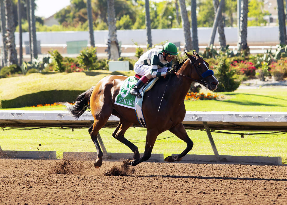 In this image provided by Benoit Photo, Gamine, with John Velazquez aboard, wins the Grade II, $200,000 Great Lady M Stakes horse race Monday, July 5, 2021, at Los Alamitos Race Course in Cypress, Calif. (Benoit Photo via AP)