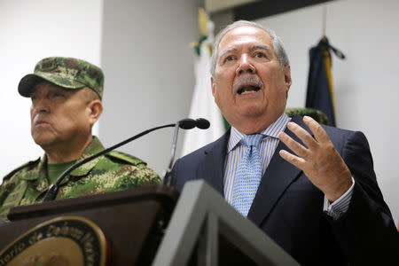 Colombian Defense Minister Guillermo Botero speaks during a news conference, in Bogota, Colombia May 20, 2019. REUTERS/Luisa Gonzalez
