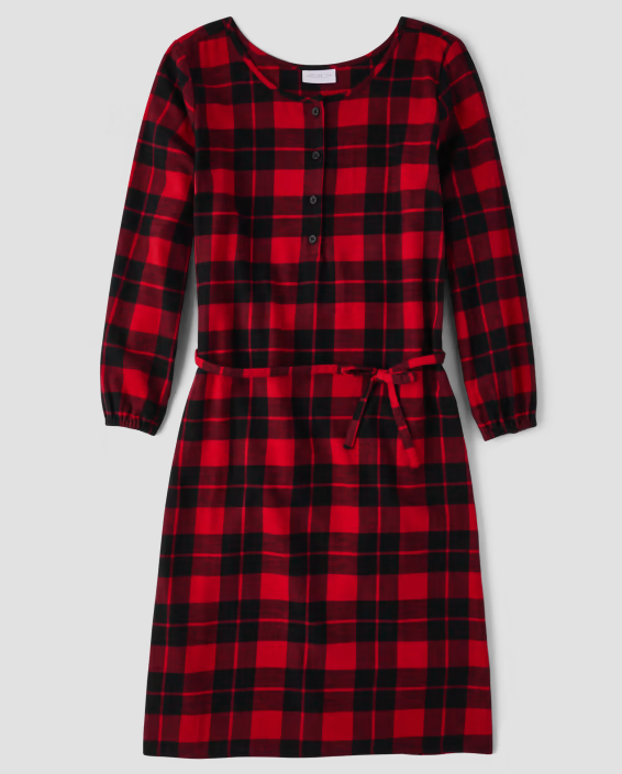 red and black flannel long sleeve dress with tie belt