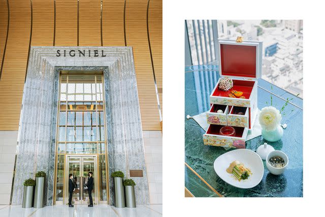 <p>Youngkyu Park</p> From left: The entrance to the Signiel Seoul hotel at the base of Lotte World Tower; Eatanic Garden, a restaurant in the Josun Palace hotel, serves (clockwise from top) a box of sweets, smoked tofu topped with caviar, and fatsia shoots.