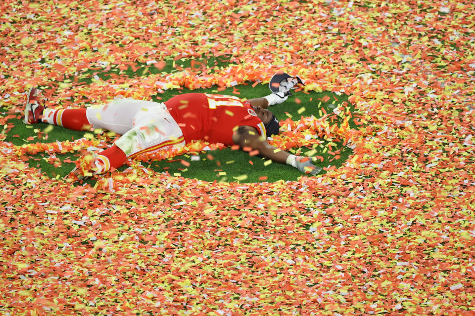 MIAMI, FLORIDA - FEBRUARY 02: Derrick Nnadi #91 of the Kansas City Chiefs celebrates after defeating the San Francisco 49ers 31-20 in Super Bowl LIV at Hard Rock Stadium on February 02, 2020 in Miami, Florida. (Photo by Elsa/Getty Images)