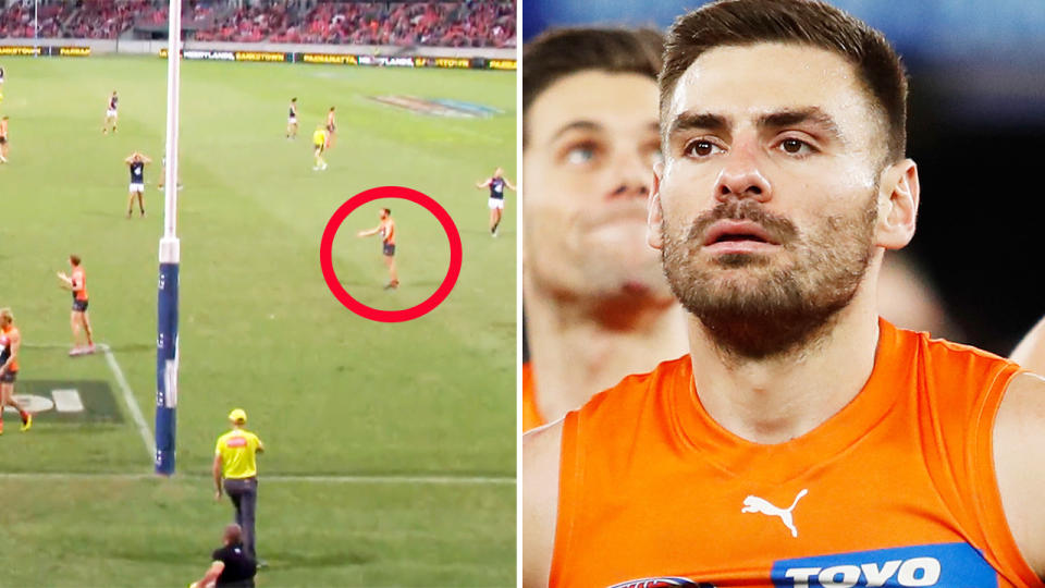 Stephen Coniglio, pictured here being pinged for dissent in the GWS Giants' loss to Carlton.