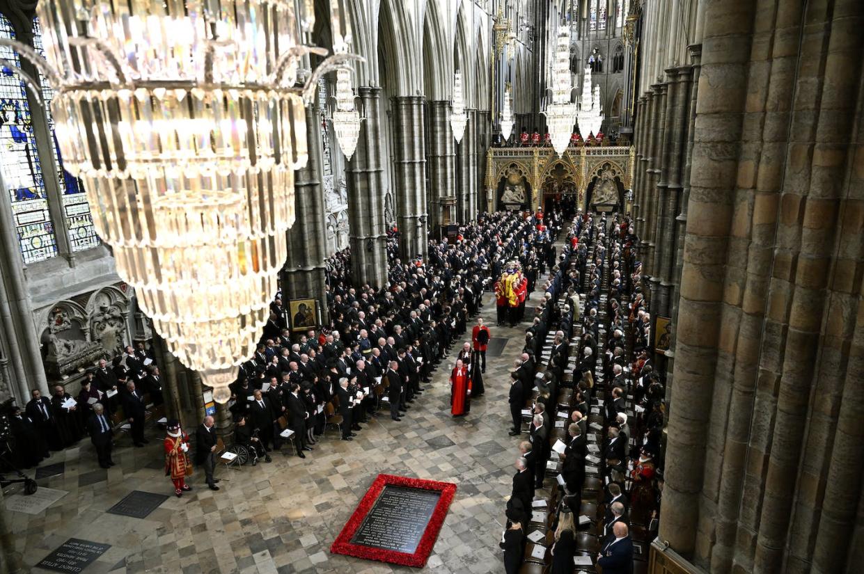 Members of the British royal family follow behind the coffin of Queen Elizabeth II as it is carried out of Westminster Abbey after her state funeral. <a href="https://newsroom.ap.org/detail/BritainRoyalsFuneral/a7b6cd96c5c14224a2c7645065e2a633/photo?Query=westminster&mediaType=photo&sortBy=arrivaldatetime:desc&dateRange=Anytime&totalCount=17017&currentItemNo=88" rel="nofollow noopener" target="_blank" data-ylk="slk:Gareth Cattermole/Pool Photo via AP;elm:context_link;itc:0;sec:content-canvas" class="link ">Gareth Cattermole/Pool Photo via AP</a>