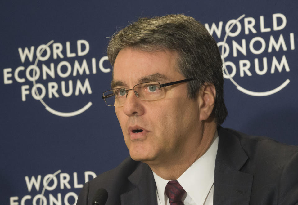 Director-General of the WTO Roberto Azevedo, speaks during a press conference at the World Economic Forum in Davos, Switzerland, Saturday, Jan. 25, 2014. (AP Photo/Michel Euler)