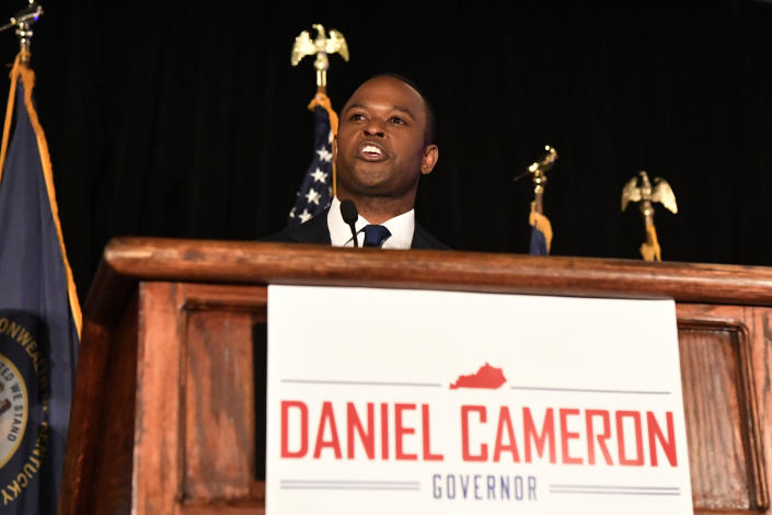 Kentucky Attorney General Daniel Cameron speaks to supporters following his victory in the republican primary in Louisville, Ky., Tuesday, May 16, 2023. (AP Photo/Timothy D. Easley)