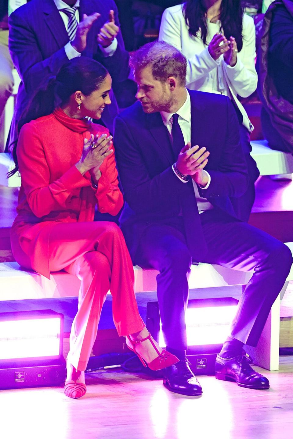 MANCHESTER, ENGLAND - SEPTEMBER 05: Meghan, Duchess of Sussex and Prince Harry, Duke of Sussex during the Opening Ceremony of the One Young World Summit 2022 at The Bridgewater Hall on September 05, 2022 in Manchester, England. The annual One Young World Summit brings together more than two thousand of the brightest young leaders from every country and sector, working to accelerate social impact both in-person and digitally. Meghan is a counsellor for the organisation, alongside Justin Trudeau, Sir Richard Branson, and Jamie Oliver, among others. (Photo by Chris Jackson/Getty Images)