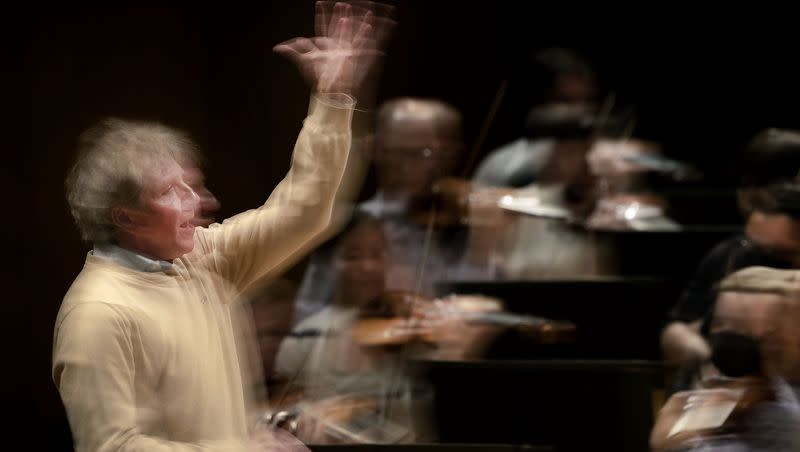 Thierry Fischer, music director of the Utah Symphony, conducts during rehearsal at Abravanel Hall in Salt Lake City on Thursday, May 25, 2023. Fischer concludes his 14 years with the symphony this weekend.