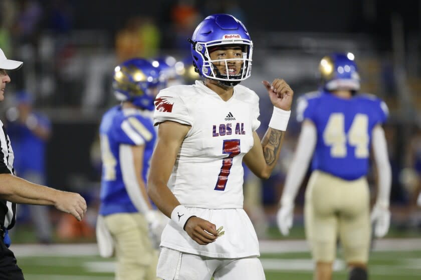 MISSION VIEJO, CA - SEPTEMBER 17: Quarterback Malachi Nelson (7), of Los Alamitos, in a game against Santa Margarita, in the first half at Saddleback College Stadium on Friday, Sept. 17, 2021 in Mission Viejo, CA. (Gary Coronado / Los Angeles Times)