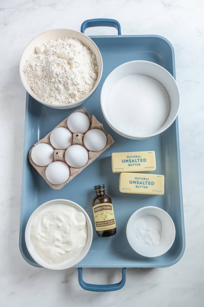 Ingredients to make sour cream cake.