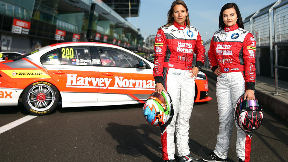 Simona De Silvestro and Renee Gracie, pictured here at the Bathurst 1000 in 2015.