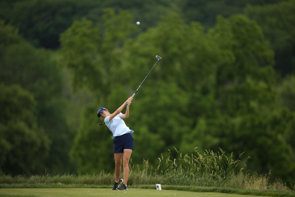 Asterisk Talley hits her tee shot on the second hole during a practice round for the U.S. Women's Open golf tournament at Lancaster Country Club, Wednesday, May 29, 2024, in Lancaster, Pa. (AP Photo/Matt Slocum)