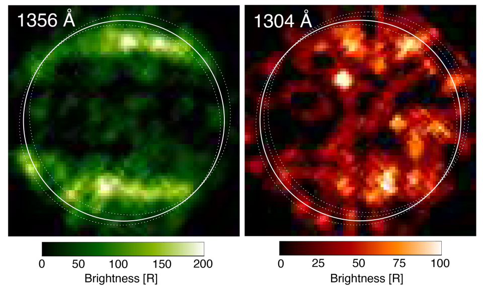 In 1998, Hubble's Space Telescope Imaging Spectrograph took these first ultraviolet images of Ganymede, which revealed a particular pattern in the observed emissions from the moon's atmosphere. The similarities in the ultraviolet observations were explained by the presence of molecular oxygen. The differences were explained at the time by the presence of atomic oxygen, which produces a signal that affects one UV color more than the other. / Credit: NASA, ESA, Lorenz Roth (KTH)