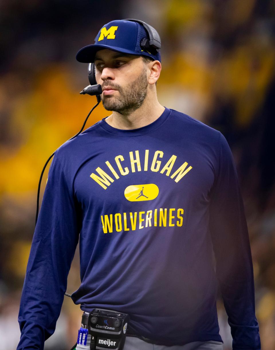 Matt Weiss, the Michigan Wolverines quarterbacks coach, seen during the Big Ten championship game vs. Iowa at Lucas Oil Stadium, Dec. 4, 2021 in Indianapolis.