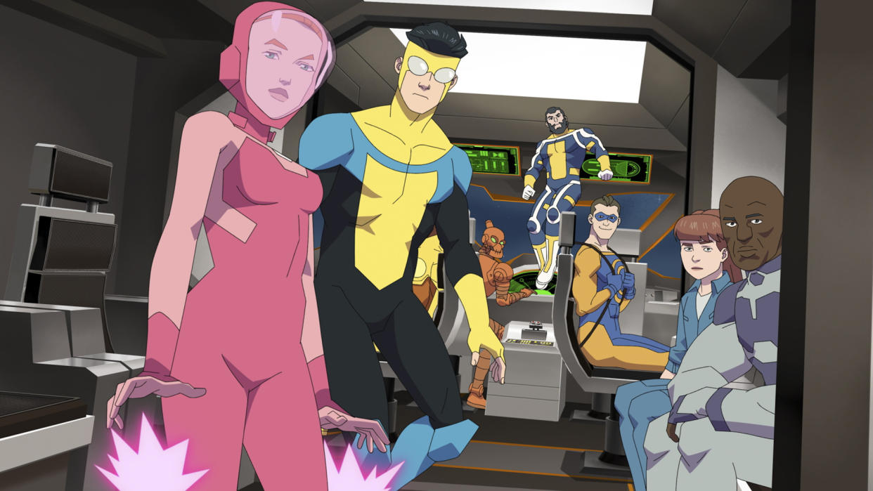  Eve, Mark, and some of the Guardians of the Globe on a space shuttle in Invincible season 2 part 2. 