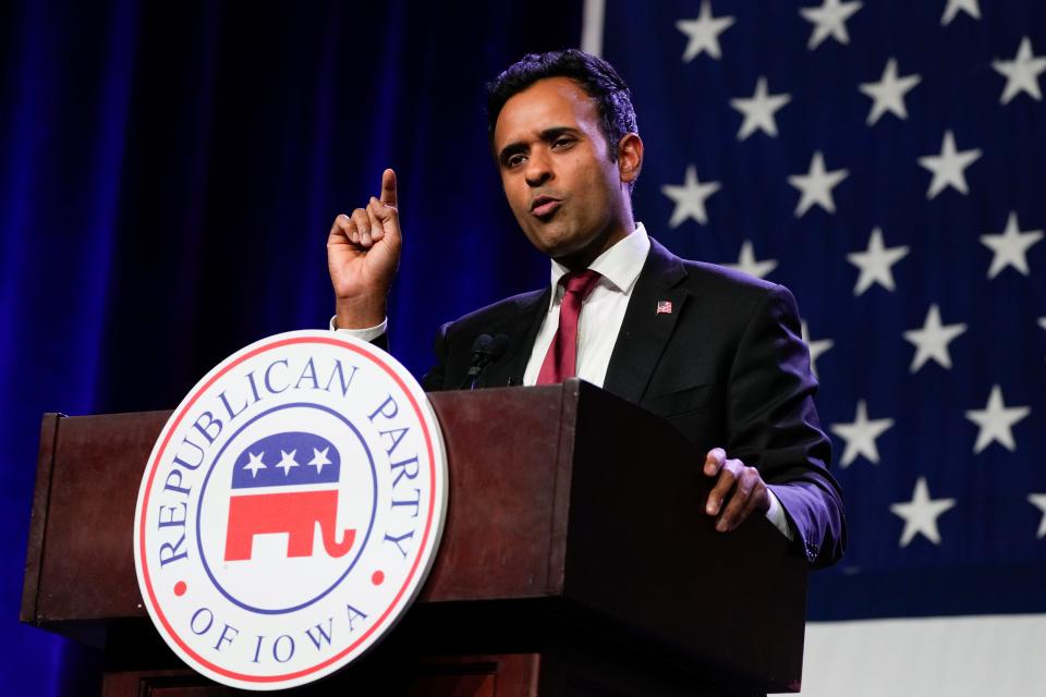 Republican presidential candidate businessman Vivek Ramaswamy speaks at the Republican Party of Iowa's 2023 Lincoln Dinner in Des Moines, Iowa, Friday, July 28, 2023.