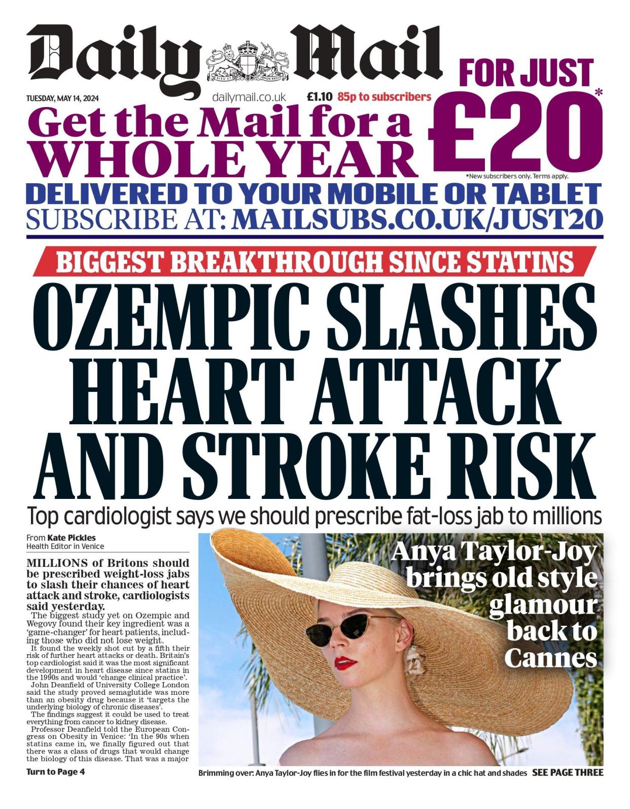 Daily Mail's main story on Tuesday claims an Ozempic drug can slash heart attack and stroke risks