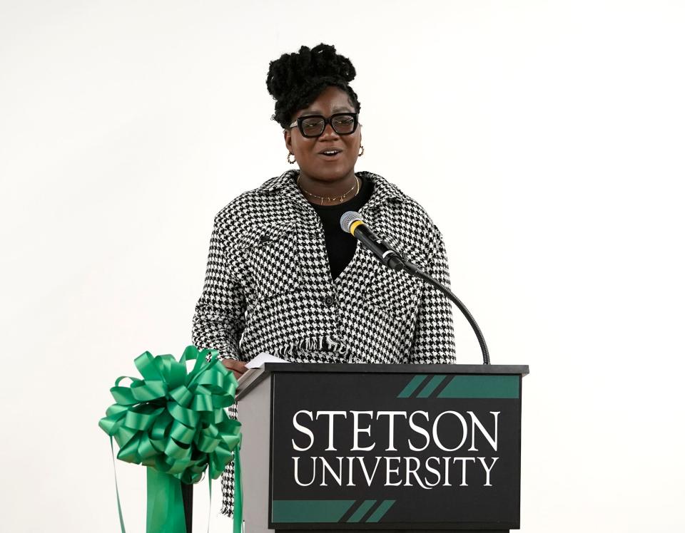 Stetson University student Kaira Thevenin speaks during the dedication and ribbon-cutting ceremony for the school's new Brown Hall for Health & Innovation in DeLand, Friday, Oct. 28, 2022.