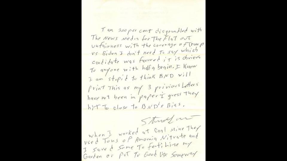 Stewart R. Lannert pleaded guilty last year of falsely making a terrorist threat against the Belleville News-Democrat in 2020. This handwritten letter had been submitted as evidence in the case. Provided