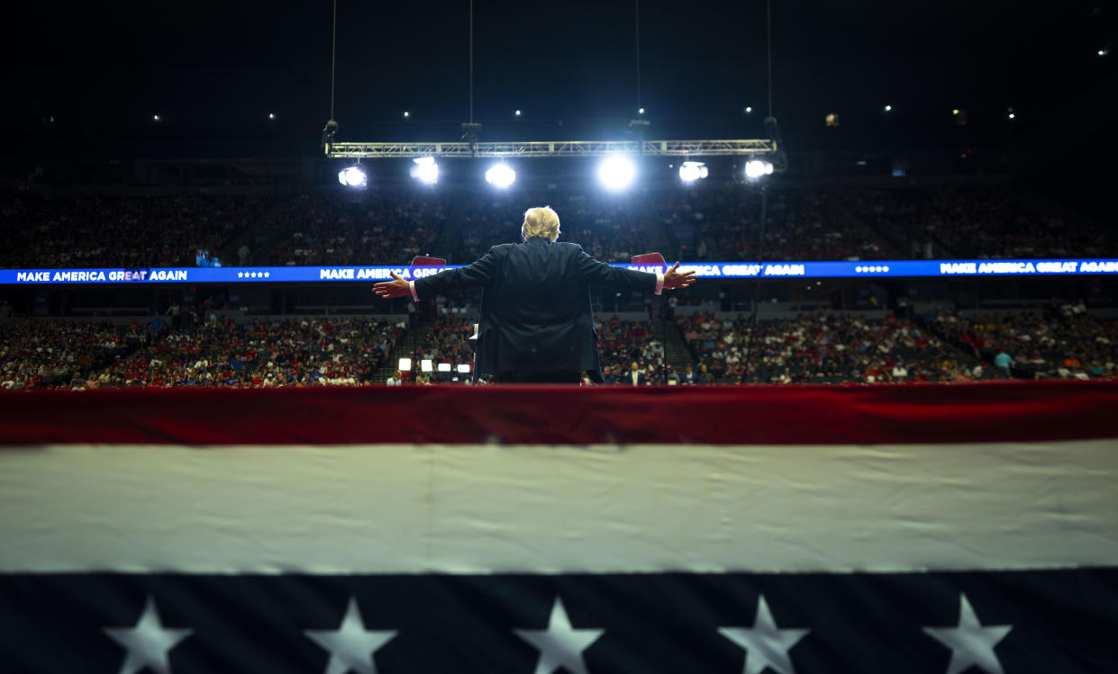Former President Donald Trump holds a campaign rally at the Van Andel Arena in Grand Rapids, Mich., on Saturday, July 20, 2024. (Doug Mills/The New York Times)