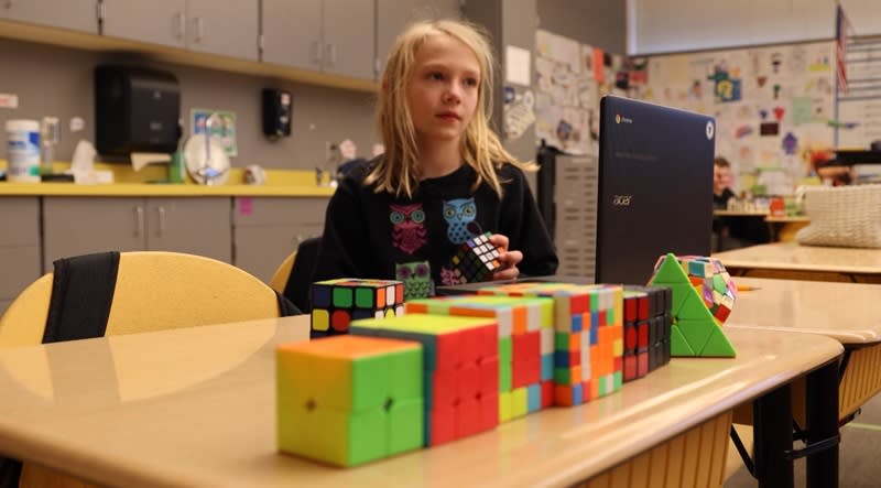 Lillian Greene is part of the Rubik's Cube club Aloha Huber Park Elementary in Beaverton, May 2024 (KOIN)