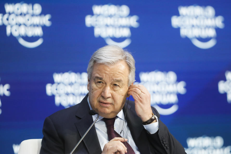 FILE - In this Aug. 25, 2020 file photo, United Nations Secretary-General Antonio Guterres attends a session during the World Economic Forum in Davos, Switzerland. Guterres appealed to donor countries and others at the start of a WHO-led meeting on the initiative, known as the Act Accelerator, to pitch in $35 billion for a World Health Organization-led initiative that aims to speed the research and development of tests, treatments and vaccines for the coronavirus. (AP Photo/Markus Schreiber, File)