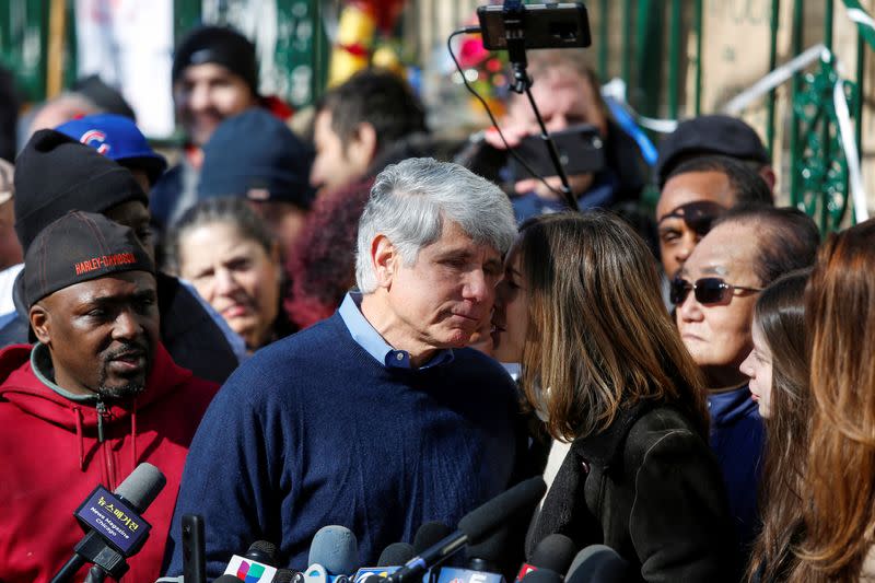 Rod Blagojevich speaks outside his home after U.S. President Donald Trump commuted his prison sentence, in Chicago