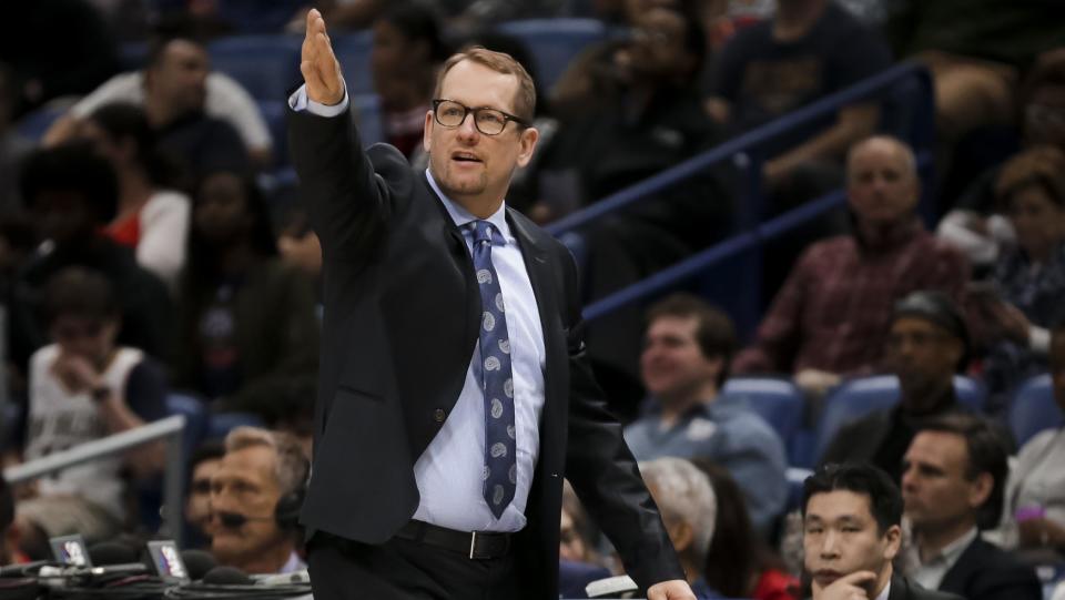 Mar 8, 2019; New Orleans, LA, USA; Toronto Raptors head coach Nick Nurse motions to his team during the first half against the New Orleans Pelicans at the Smoothie King Center. Mandatory Credit: Derick E. Hingle-USA TODAY Sports