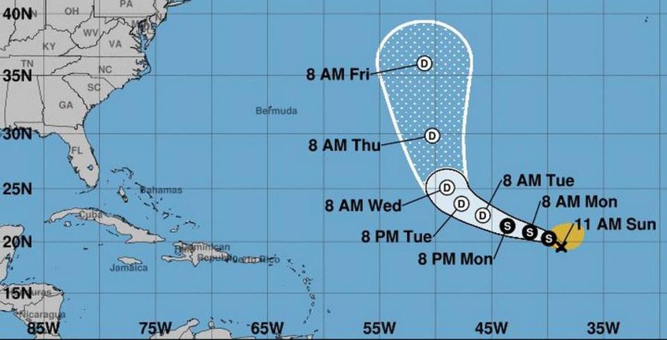 Tropical Storm Emily’s projected path. Emily’s not expected to remain a storm for long. National Hurricane Center