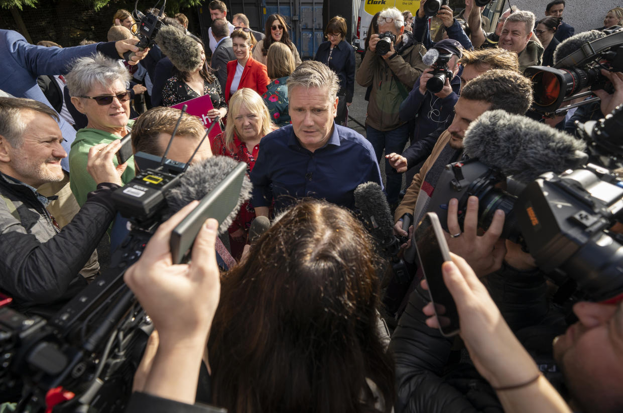 Labour leader Sir Keir Starmer speaks to the media at a rally following Scottish Labour's win in Rutherglen and Hamilton West by-election. Picture date: Friday October 6, 2023. (Photo by Jane Barlow/PA Images via Getty Images)