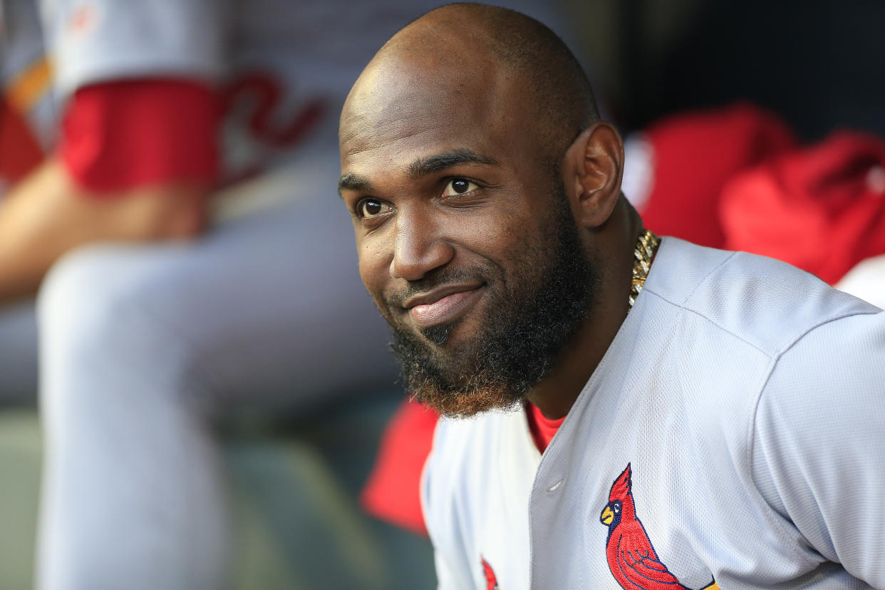 ATLANTA, GA - OCTOBER 09:  St. Louis Cardinals left fielder Marcell Ozuna #23 looks on during the fifth and final game of the National League Division Series between the Atlanta Braves and the St. Louis Cardinals on October 9, 2019 at Suntrust Park in Atlanta, Georgia.   (Photo by David J. Griffin/Icon Sportswire via Getty Images)