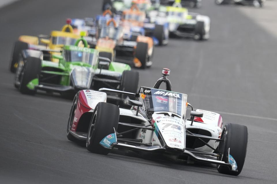 Takuma Sato, of Japan, drives during the Indianapolis 500 auto race at Indianapolis Motor Speedway, Sunday, May 26, 2024, in Indianapolis. (AP Photo/Darron Cummings)