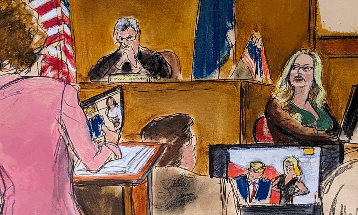 <span>Defense attorney Susan Necheles, center, cross-examines Stormy Daniels in this courtroom sketch.</span><span>Photograph: Elizabeth Williams/AP</span>