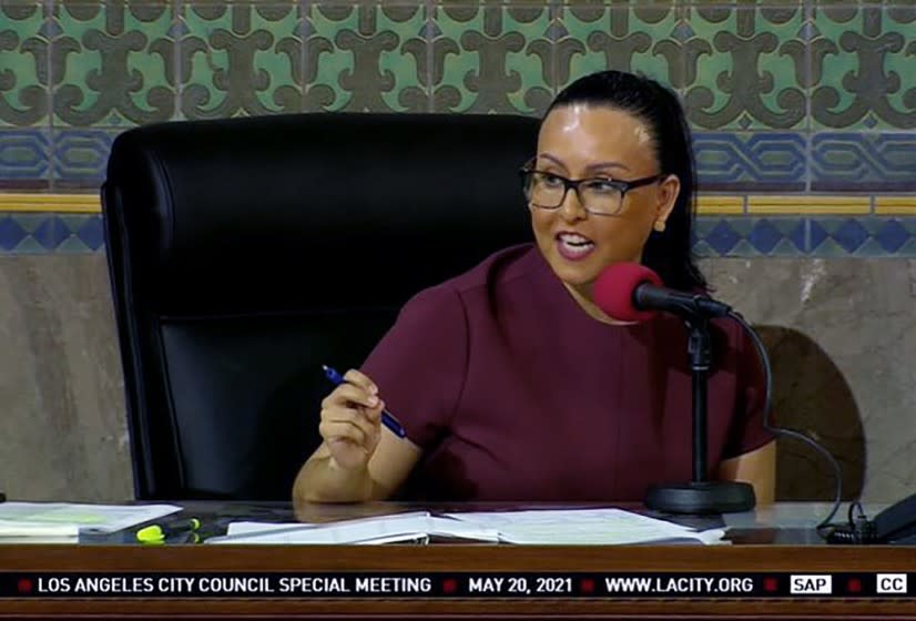 Los Angeles City Council President Nury Martinez presided over Thursday's vote on the city budget, which offers more money for child care, park repairs and programs to address homelessness.