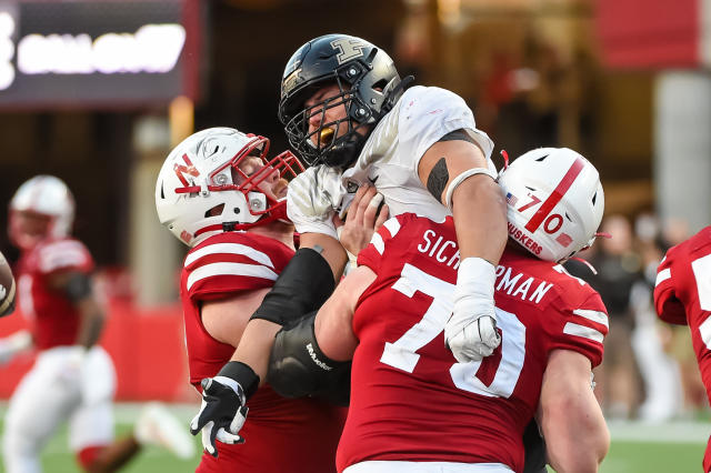 Purdue defensive end George Karlaftis at the NFL Red Carpet Stage on  Thursday, April 28, 2022, …