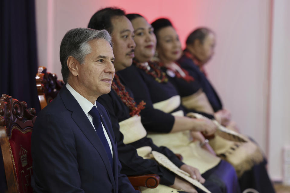 From left, U.S. Secretary of State Antony Blinken, Tonga's Crown Prince Tupouto'a 'Ulukalala and Crown Princess Sinaitakala attend the dedication of the new U.S. Embassy in Nuku'alofa, Tonga Wednesday, July 26, 2023. Blinken visited the tiny kingdom of Tonga on Wednesday, as the United States continues to increase its diplomatic efforts in the Pacific while China's influence in the region grows. (Tupou Vaipulu/Pool Photo via AP)