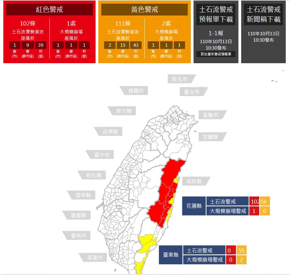 由於豪雨不斷，花蓮有102溪流列為土石流紅色警戒。   圖：擷取自土石流防災資訊網