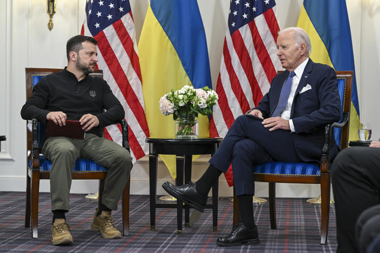 President Joe Biden meets with President Volodymyr Zelenskyy of Ukraine in Paris, June 7, 2024. (Kenny Holston/The New York Times)