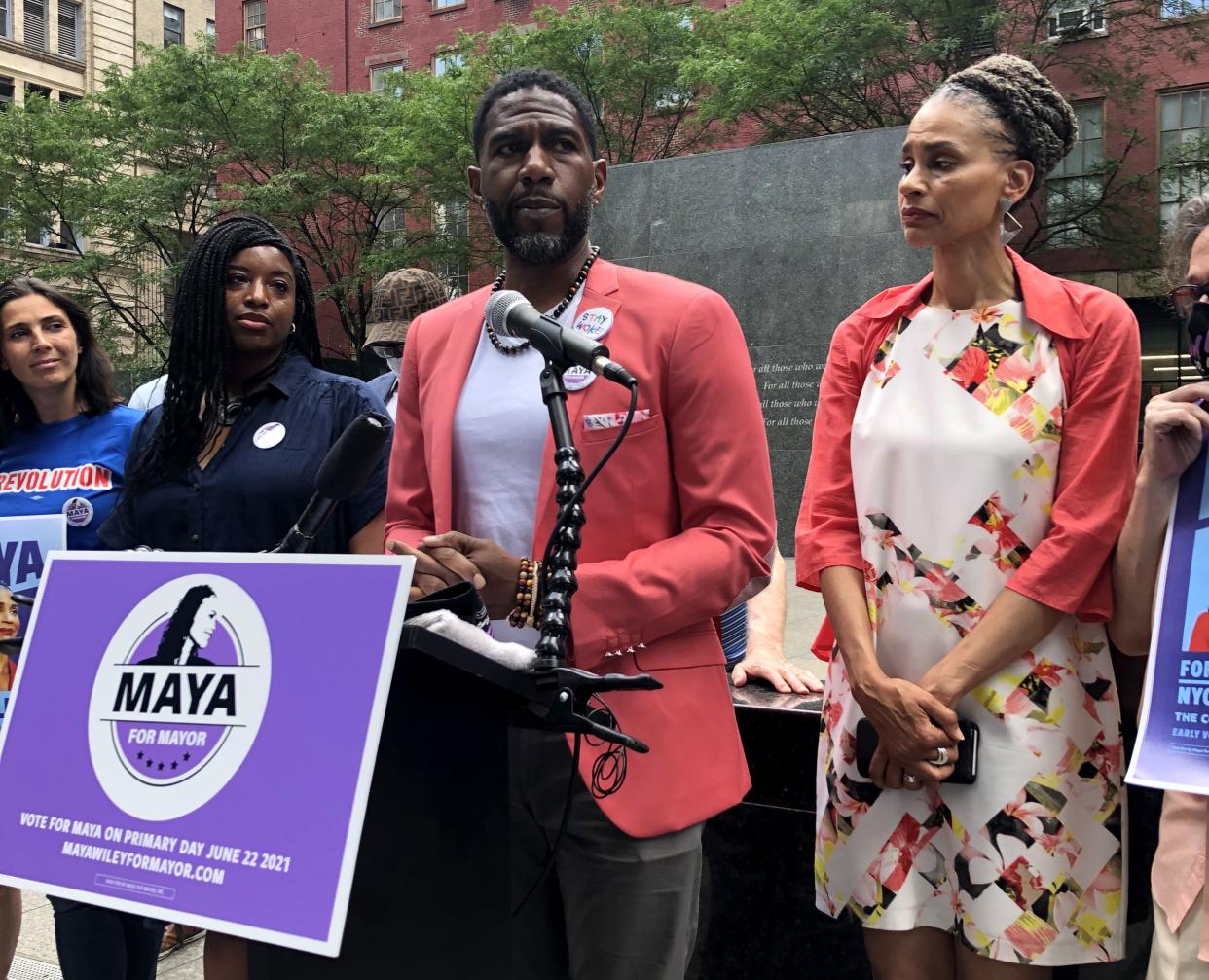 NYC Public Advocate Jumaane Williams (center) endorses New York City mayoral candidate Maya Wiley (right)