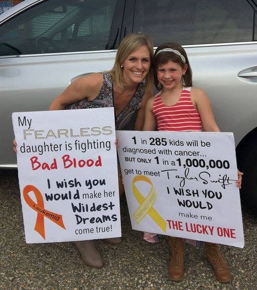 Berkeley Kemper, right, and her mother, Tarah, brought these signs to Taylor Swift's 2015 concert in Kansas City, Mo.