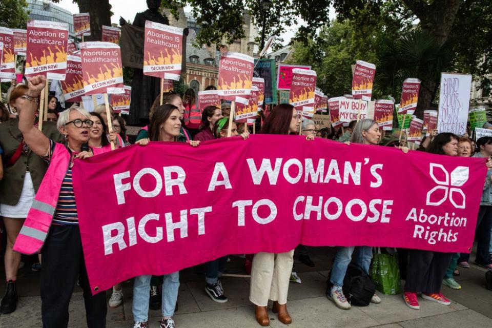 london, england september 7 a counter protest to the pro life march by the abortion rights campaign is held in parliament square on september 7, 2024 in london, england the pro life movement in the uk opposes abortion, saying that it isnt healthcare photo by guy smallmangetty images