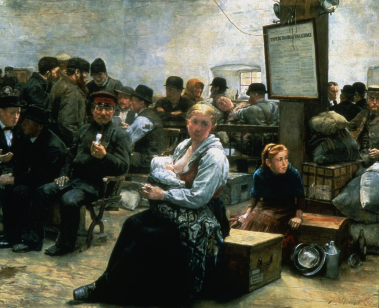 The Land of Promise, an 1884 painting by Charles Frederic Ulrich, shows a woman breastfeeding as newly arrived immigrants to the U.S. wait to be processed. (Photo: Photo12/Universal Images Group via Getty Images)