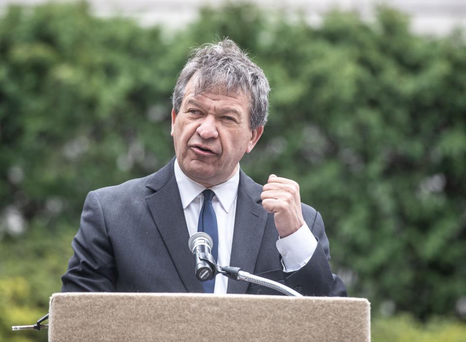 Westchester County Executive George Latimer speaks during the annual Westchester Countywide Yom Hashoah Holocaust Commemoration at the Garden of Remembrance in White Plains April 18, 2023